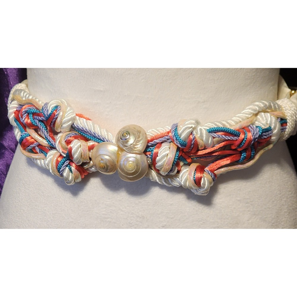 Vintage Nautical Braided Rope Shell Belt White Coral Turquoise Iridescent 2in